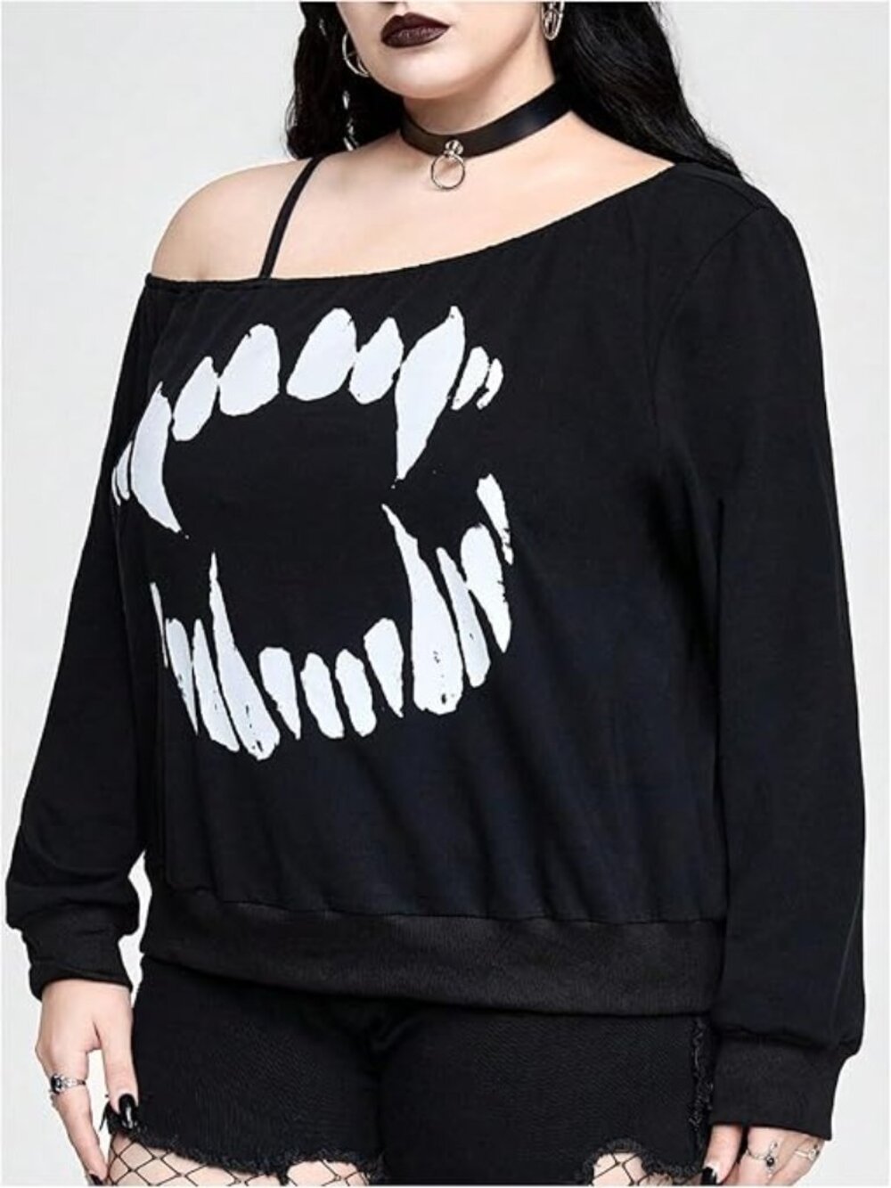Women's Plus Size Off The Shoulder Graphic Tee Long Sleeve Pullover Tops Goth